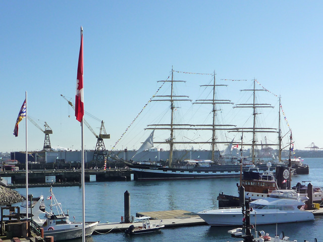 Russian tall ship "Kruzenshtern" at Lonsdale Quay, North Vancouver, Feb. 2010. Click for overall view of harbour and ship.